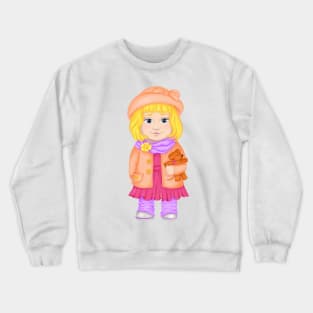 Baby girl in hat and spring clothes with a toy. Spring print Crewneck Sweatshirt